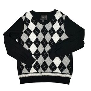BKE Sweater Mens XL Black Gray Argyle Classic V Neck Cotton Pullover 6406
